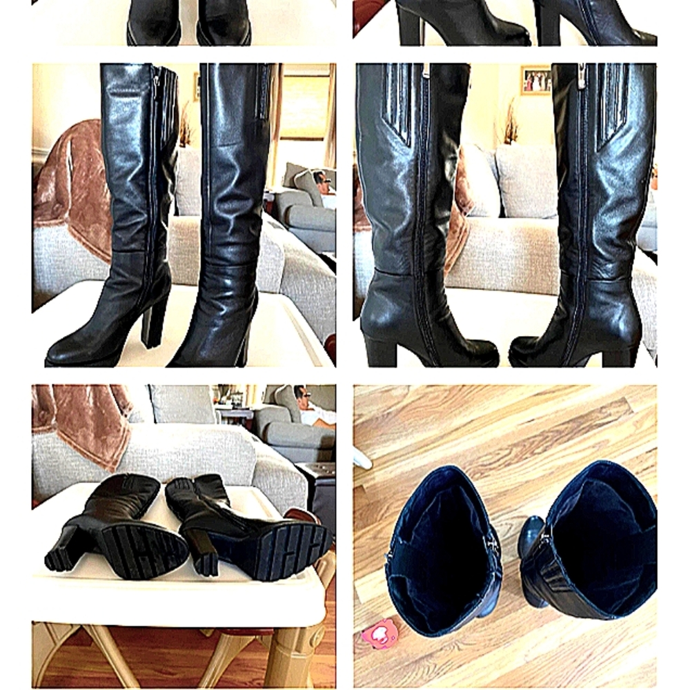 Women's $ize 8 Tall Rich, Soft, Smooth BLK Leather Chic Boots 3.5in" heel Italy